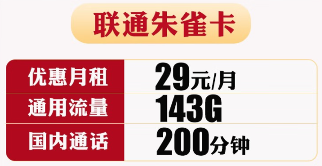 【官方發(fā)貨】聯(lián)通朱雀卡 可自行激活選號(hào) 29包143G通用+200分鐘通話(huà)