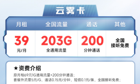 同等價位比較劃算的流量卡套餐 203G全國通用流量+200分鐘語音接聽免費(fèi)需實(shí)名認(rèn)證