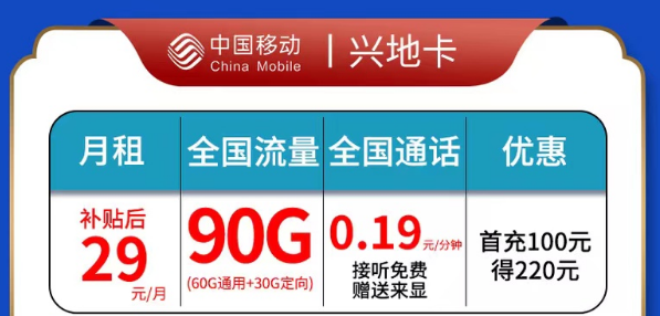 移動興地卡|29元90G全國流量|官方資費套餐，超多優(yōu)惠權(quán)益|全國通用套餐