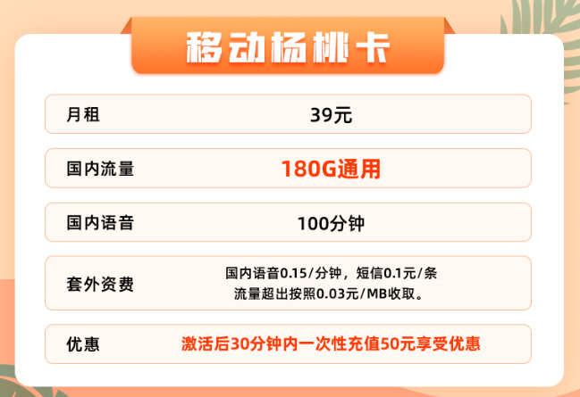 超值福利嗨翻天！超低月租大流量|移動楊桃卡+19元移動本地卡